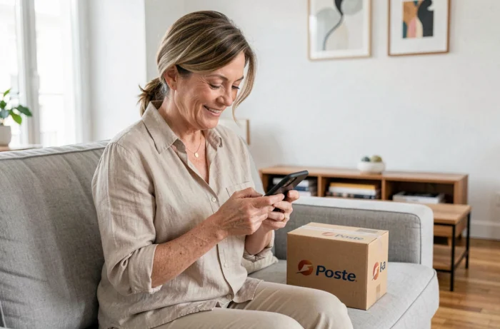 Femme finalisant une commande de vêtements La Poste sur smartphone avec un colis sur le canapé