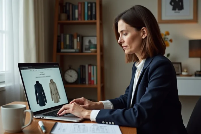 Femme comparant des articles de mode sur un site e-commerce depuis son bureau à domicile