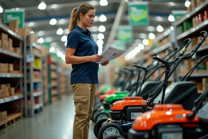 Femme comparant la puissance en cm3 de deux tondeuses à gazon dans un magasin de jardinage