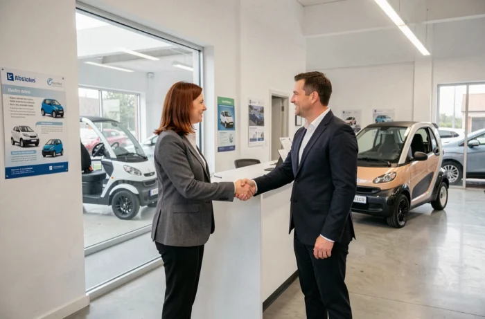 Femme finalisant l'acquisition d'une voiture sans permis dans une concession automobile avec un conseiller de vente