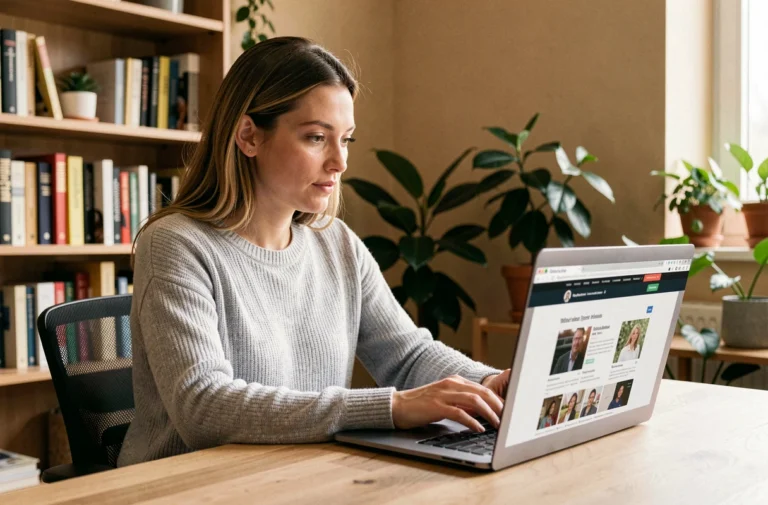 Femme consultant le site MaxiScoop sur un ordinateur portable dans un bureau à domicile moderne