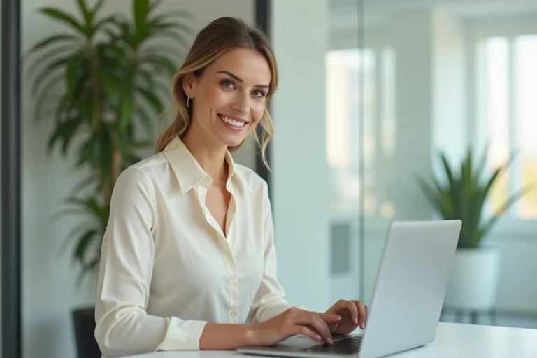 Femme professionnelle envoyant un e-mail de contact depuis un bureau moderne et lumineux