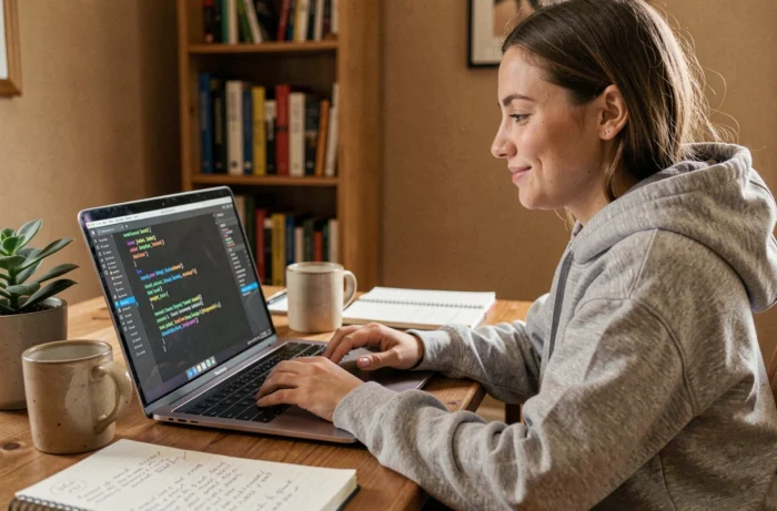 Jeune femme débutante en programmation écrivant du code Python sur un ordinateur portable dans un bureau à domicile