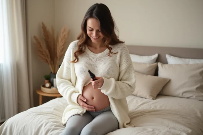Femme enceinte appliquant une huile parfumée musquée sur le poignet dans une chambre chaleureuse et apaisante