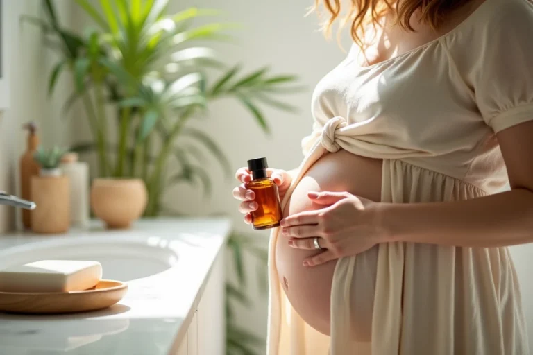Femme enceinte tenant un flacon de parfum musqué près du poignet dans une salle de bain naturelle et apaisante