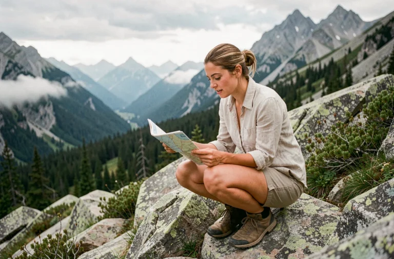 Femme explorant un paysage montagneux avec une carte, symbole d'aventure de voyage originale en pleine nature
