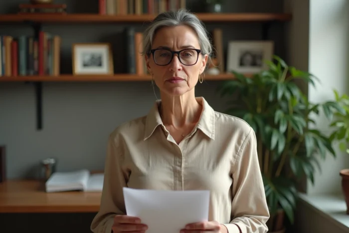 Femme d'âge mûr tenant une lettre officielle devant une bibliothèque juridique, symbolisant la complexité des ruptures familiales en droit français