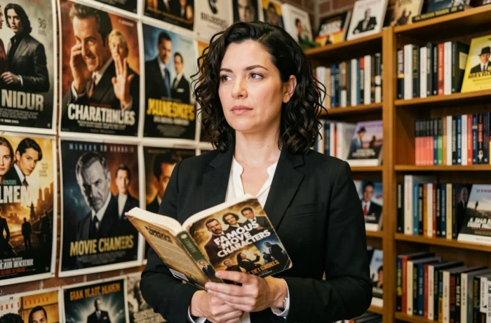 Femme tenant un livre sur les personnages de films célèbres devant un mur de affiches cinématographiques