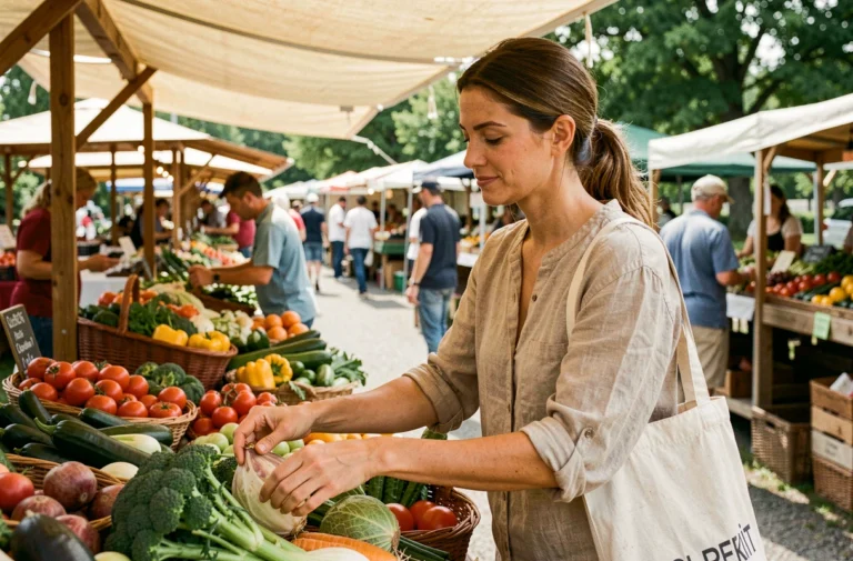 Femme achetant des légumes biologiques au marché local dans un mode de vie éco-responsable