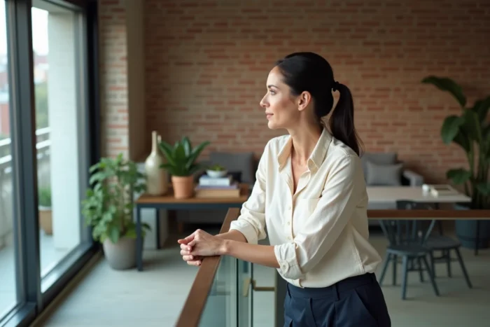 Femme se tenant sur la mezzanine d'un duplex, surplombant le salon depuis la galerie supérieure avec une balustrade en verre