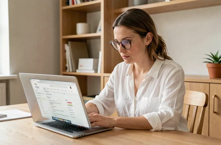 Femme parcourant un plan de site web sur son ordinateur portable dans un bureau minimaliste