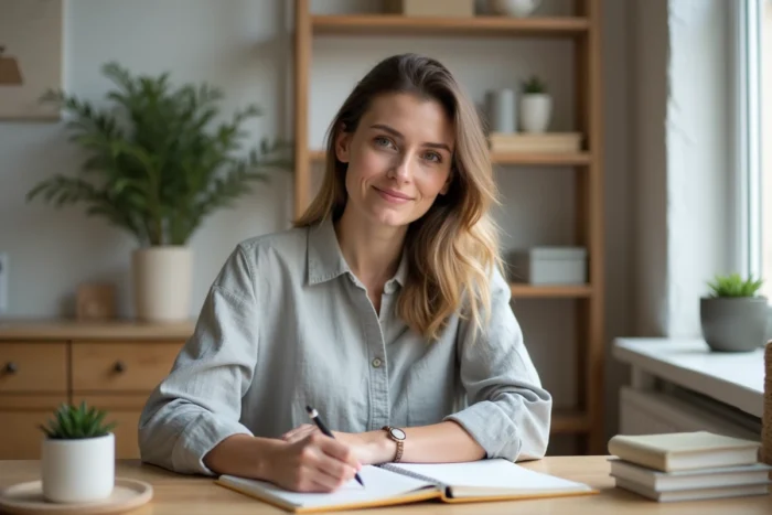 Femme organisée écrivant dans un journal de planification à un bureau en bois minimaliste pour simplifier son quotidien