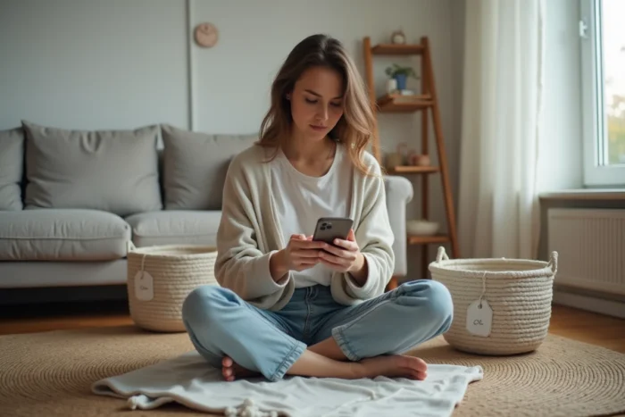Jeune femme consultant une application de liste de tâches entourée de paniers de rangement pour organiser son intérieur