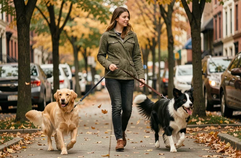 Jeune femme promenant deux chiens en laisse sur un trottoir urbain en automne, illustrant le service de promenade de chien