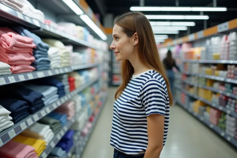 Femme qui browse un rayon de vêtements Armor Lux dans un supermarché Intermarché