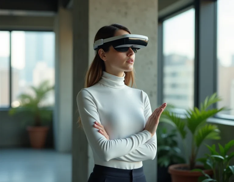 Femme portant un casque de réalité augmentée dans un espace de coworking moderne, illustrant les dernières tendances technologiques