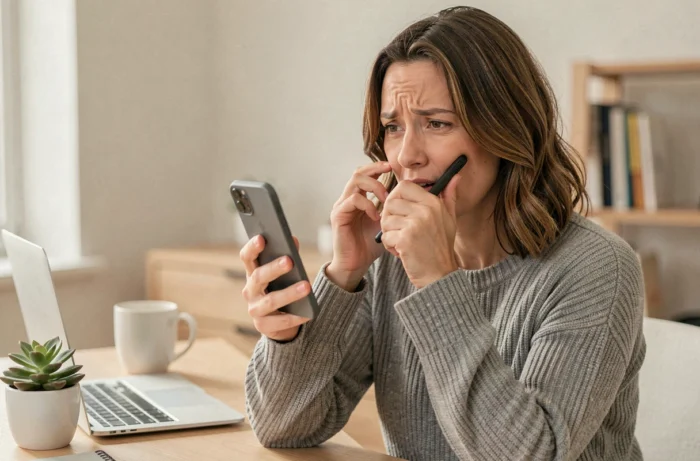 Femme frustrée essayant d'utiliser la recherche vocale sur son smartphone dans un bureau à domicile