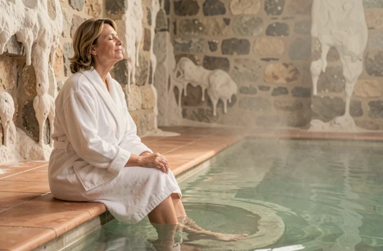 Femme en robe de bain blanche se relaxant au bord d'une piscine thermale intérieure avec de l'eau minérale fumante