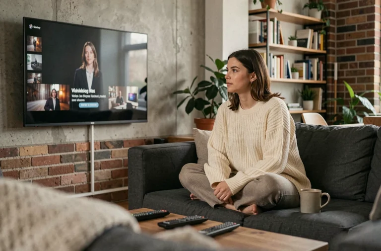 Jeune femme regardant une série en streaming sur sa télévision dans un salon cosy et moderne