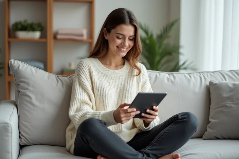 Femme consultant une application de shopping mode sur tablette depuis son canapé en lin gris