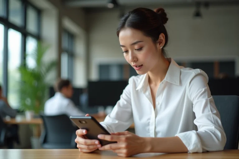 Femme explorant un smartphone pliable dans un bureau technologique moderne en 2024