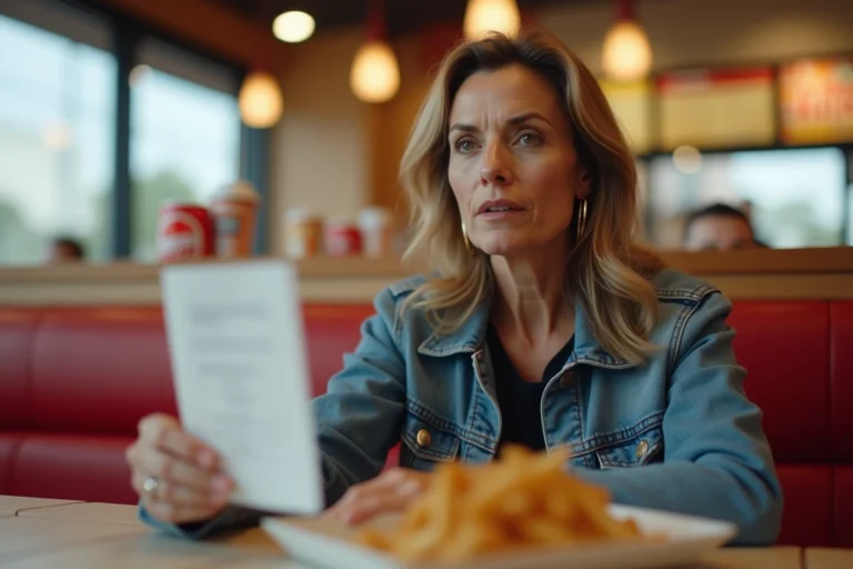 Femme tenant un ticket de caisse Burger King dans un restaurant rapide pour participer à une enquête de satisfaction