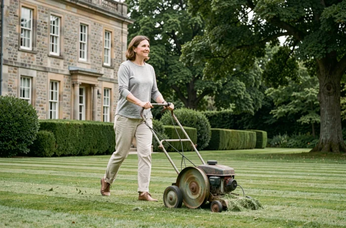 Femme utilisant une tondeuse hélicoïdale manuelle sur une pelouse rayée dans un grand jardin à l'anglaise