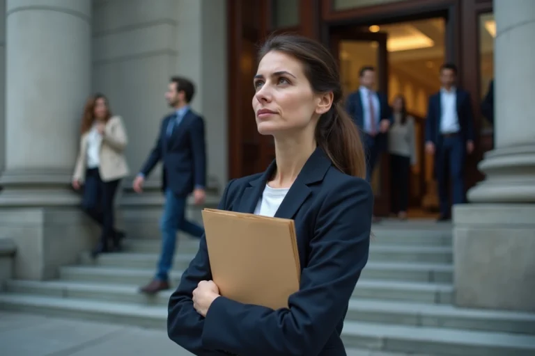Femme devant un tribunal tenant des documents juridiques, illustrant les démarches en cas de non-respect d'une mesure d'éloignement judiciaire