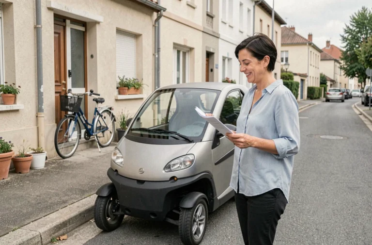 Femme souriante à côté d'une voiture sans permis dans un quartier résidentiel français, tenant des documents administratifs