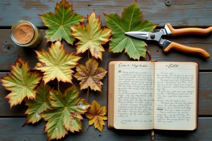 Feuilles de vigne malades présentant des symptômes de mildiou et de black-rot sur table de jardin