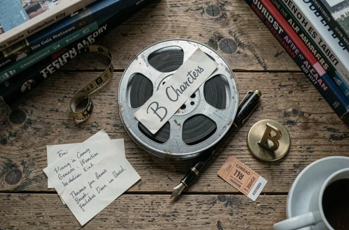 Flat lay de bobine de film vintage et fiches sur les personnages célèbres commençant par la lettre B