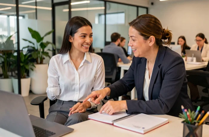 Jeune femme en formation en alternance dans un bureau moderne apprenant aux côtés d'une collègue expérimentée