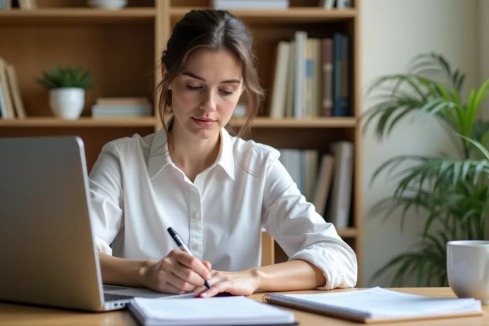 Femme se formant en ligne pour devenir secrétaire médicale, prenant des notes manuscrites devant son ordinateur portable à domicile