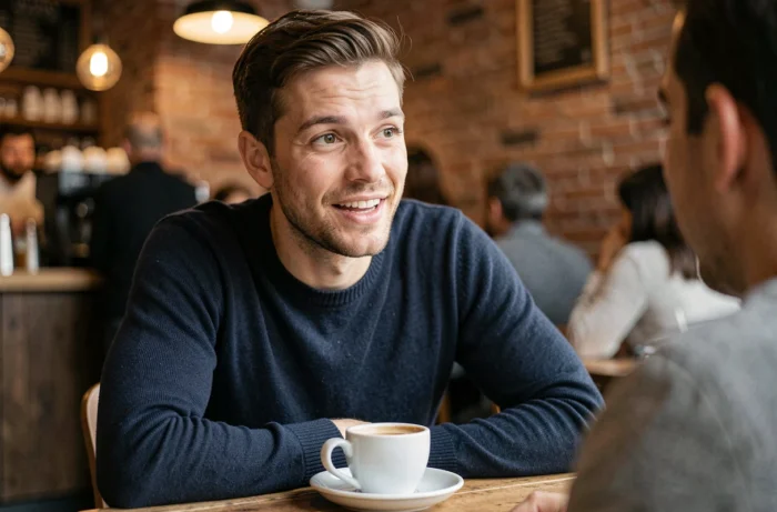 Homme expressif dans un café dont la forme des lèvres révèle des traits de personnalité, portrait naturel et réaliste