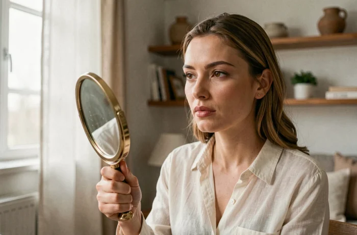 Femme aux lèvres naturelles observant son reflet dans un miroir, illustrant l'analyse de la personnalité selon la forme des lèvres