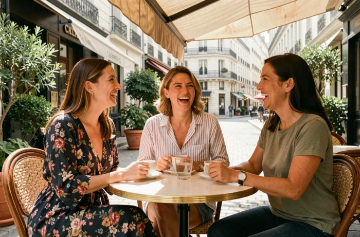 Groupe de femmes aux formes de lèvres différentes réunies en terrasse, illustration de la diversité des personnalités selon la morphologie labiale