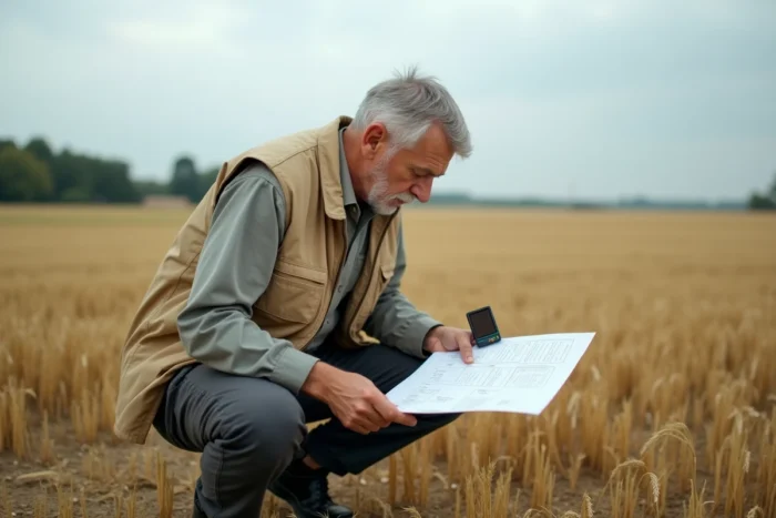 Géomètre examinant un tableau de conversion hectares en mètres carrés sur un terrain agricole