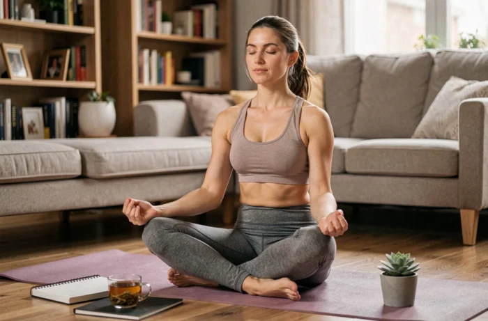 Femme méditant sur un tapis de yoga avec un journal et une tisane, illustrant la gestion du stress autrement que par le grignotage