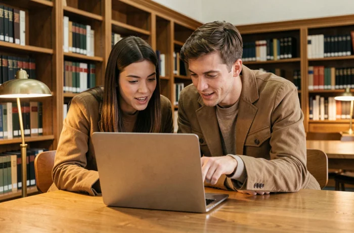 Deux collègues discutant de ressources pour gérer l'information en ligne dans une bibliothèque universitaire