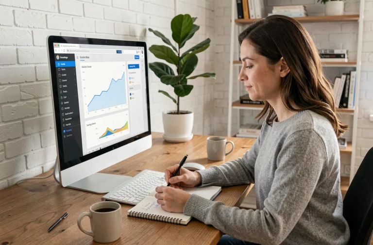 Femme gérant ses ressources d'information en ligne depuis un bureau à domicile bien organisé