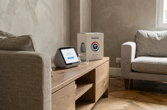 Google Nest Hub connecté à une Freebox Ultra dans un salon d'appartement français moderne