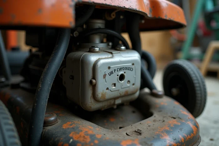 Gros plan sur le moteur d'une tondeuse à gazon avec plaque d'indication de cylindrée en cm3 dans un garage