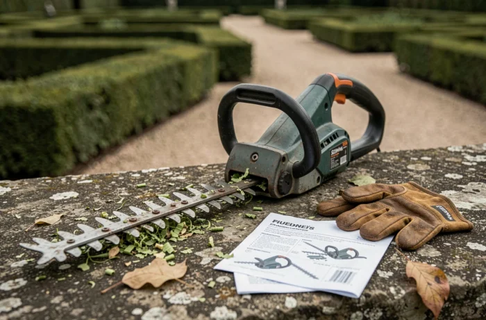 Gros plan d'un taille-haie électrique professionnel posé sur un muret en pierre avec des gants de jardinage