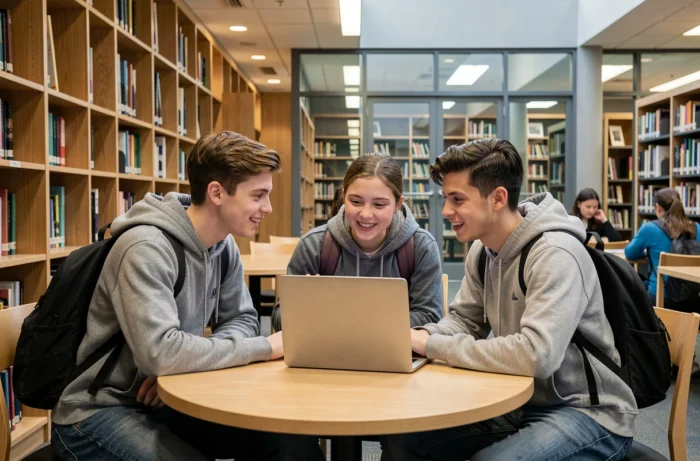 Groupe d'étudiants de Néoma Business School explorant ensemble le portail MyNeomaAgora en bibliothèque