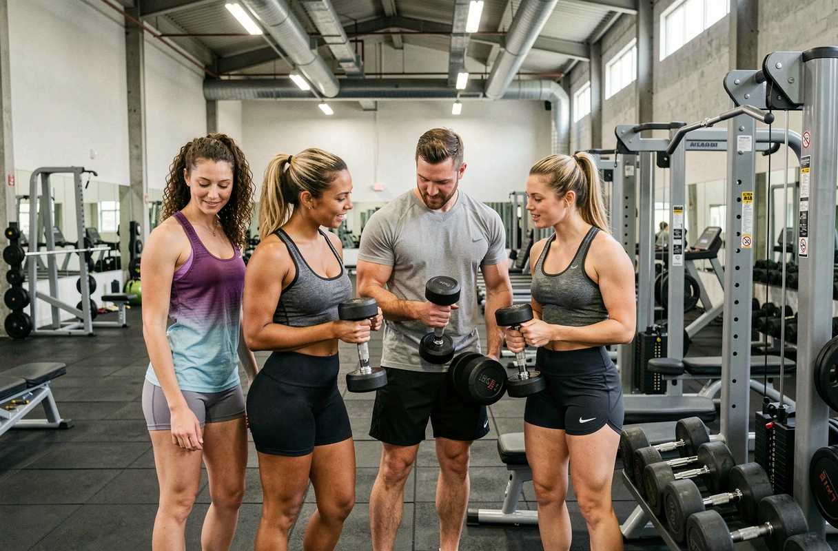 Groupe de personnes testant les équipements de musculation dans une grande salle de sport moderne