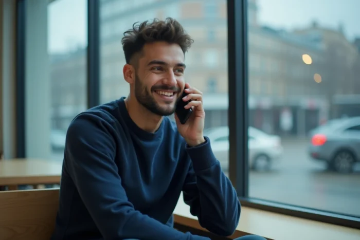 Homme contactant un service client par téléphone depuis un espace urbain moderne