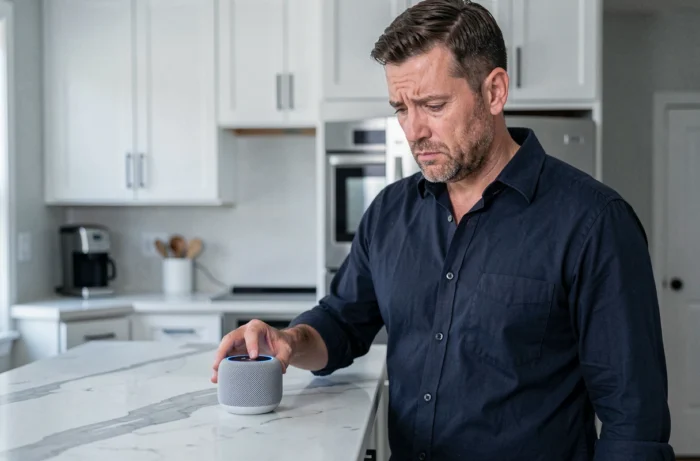 Homme perplexe devant un assistant vocal intelligent non réactif dans une cuisine moderne