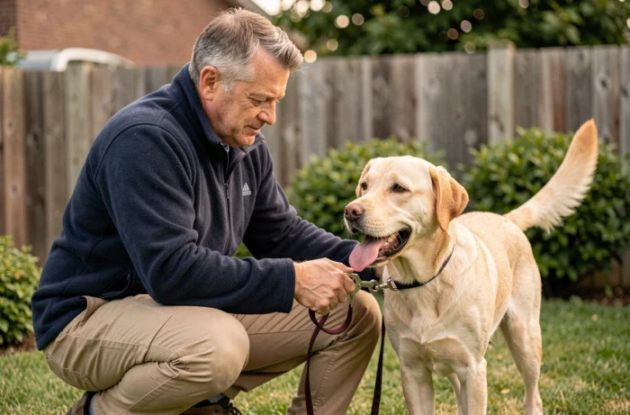 Homme attachant une laisse sur un labrador dans un jardin résidentiel, représentant la préparation d'une promenade de chien professionnelle