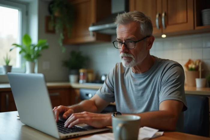 Homme saisissant son avis en ligne sur un ordinateur portable à la maison avec un ticket de caisse Burger King posé à côté