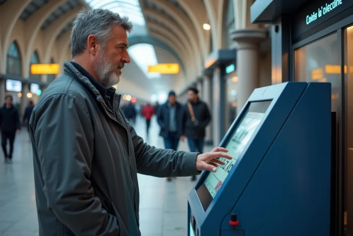 Homme utilisant une borne SNCF en gare pour modifier les informations de son billet de train